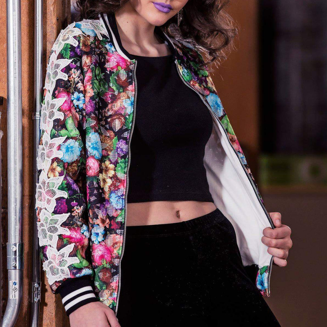 Women's Laser-cut Floral Lace Bomber Jacket - Sz. XS-MED