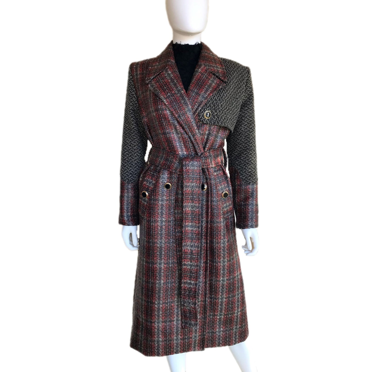 Baked Apple Plaid Laminated Tweed Trench Coat - Sz. Small - Waterproof