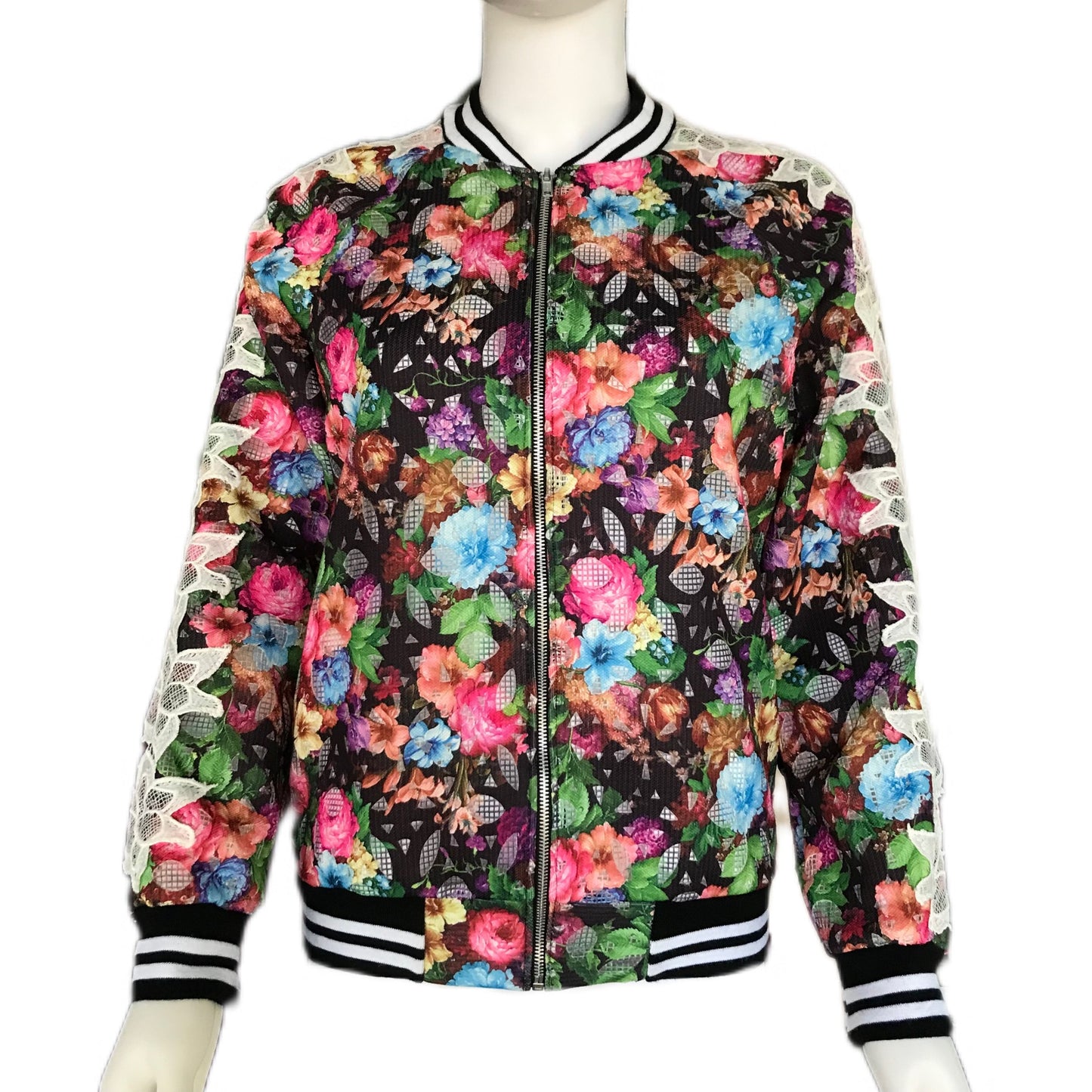 Women's Laser-cut Floral Lace Bomber Jacket - Petite Sizing