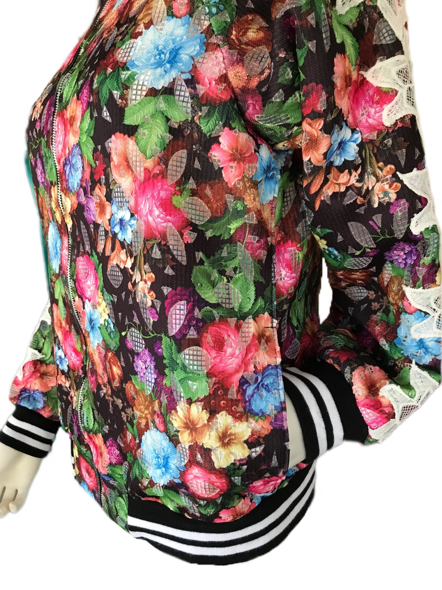 Women's Laser-cut Floral Lace Bomber Jacket - Petite Sizing