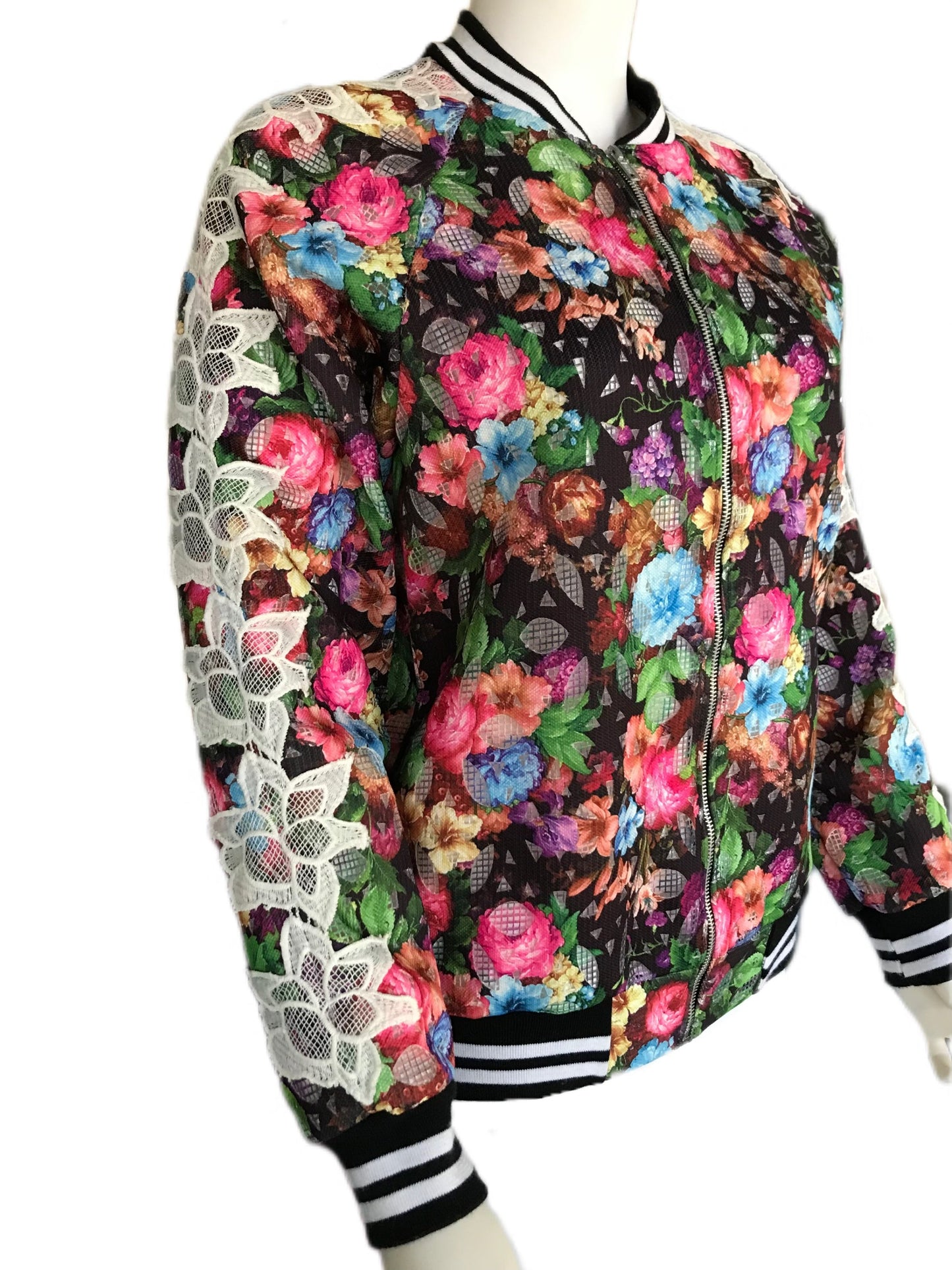 Women's Laser-cut Floral Lace Bomber Jacket - Petite Sizing