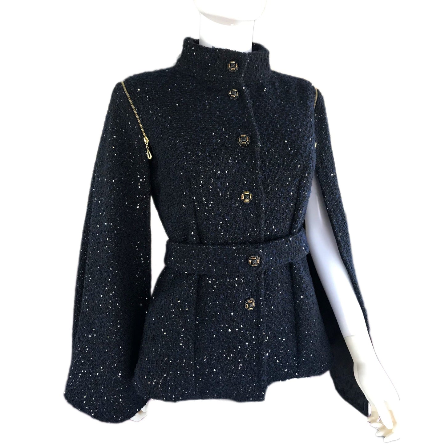 Women's Midnight Boucle Cape Sleeve Jacket into Vest - Transforming Design