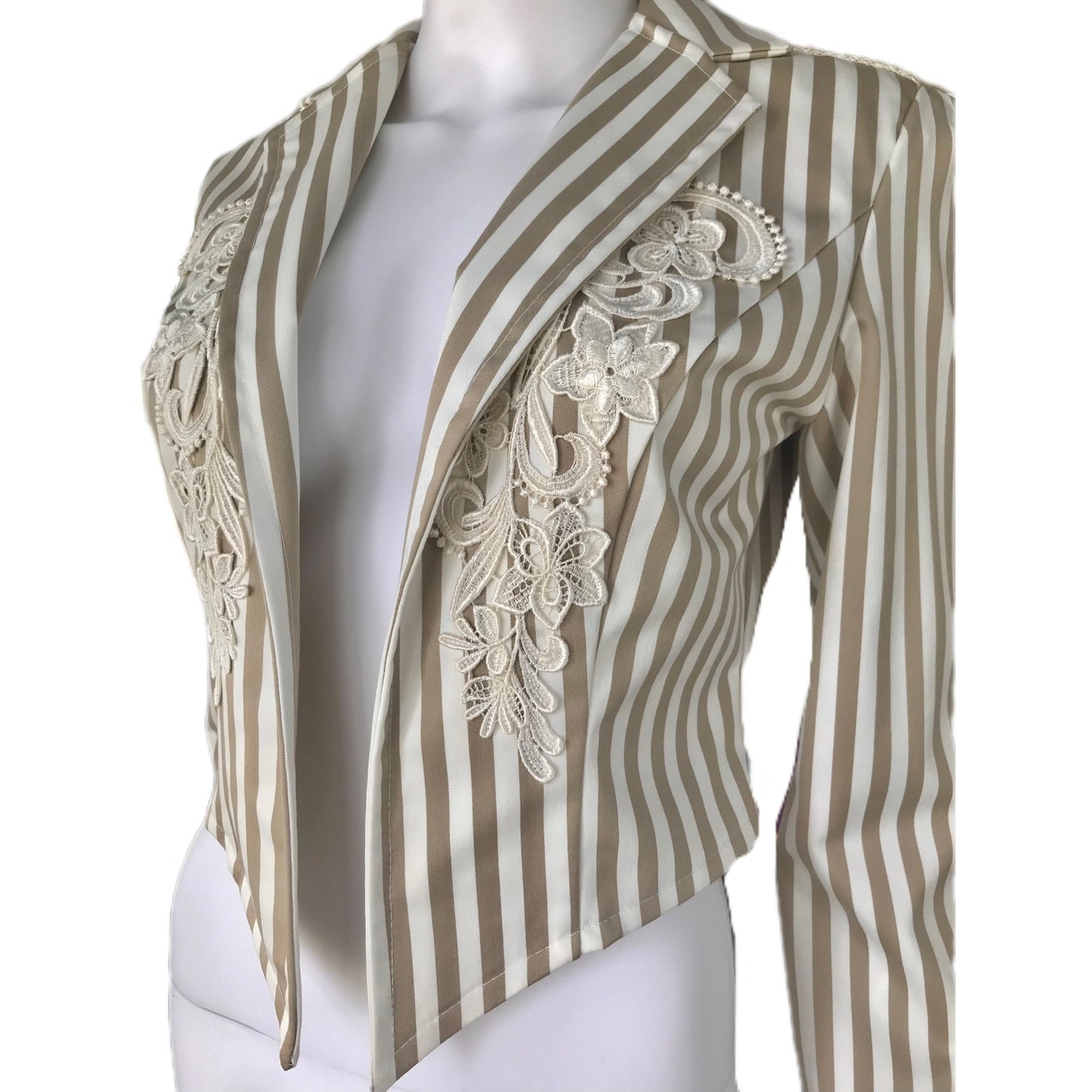 Bengal Stripe Women's Open Front Cropped Blazer with Lace Detail- Size Small - Pinstripe