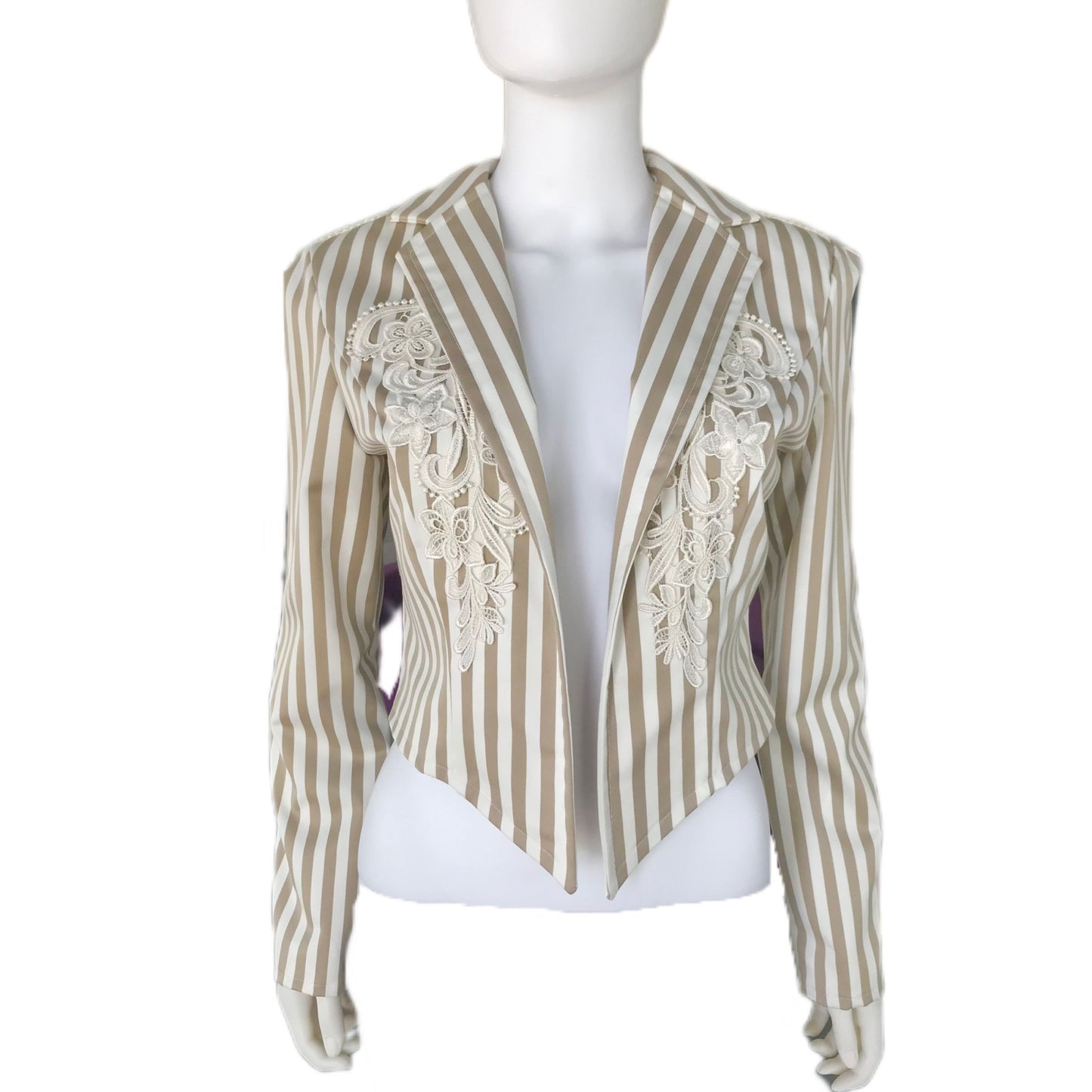 Bengal Stripe Women's Open Front Cropped Blazer with Lace Detail- Size Small - Pinstripe