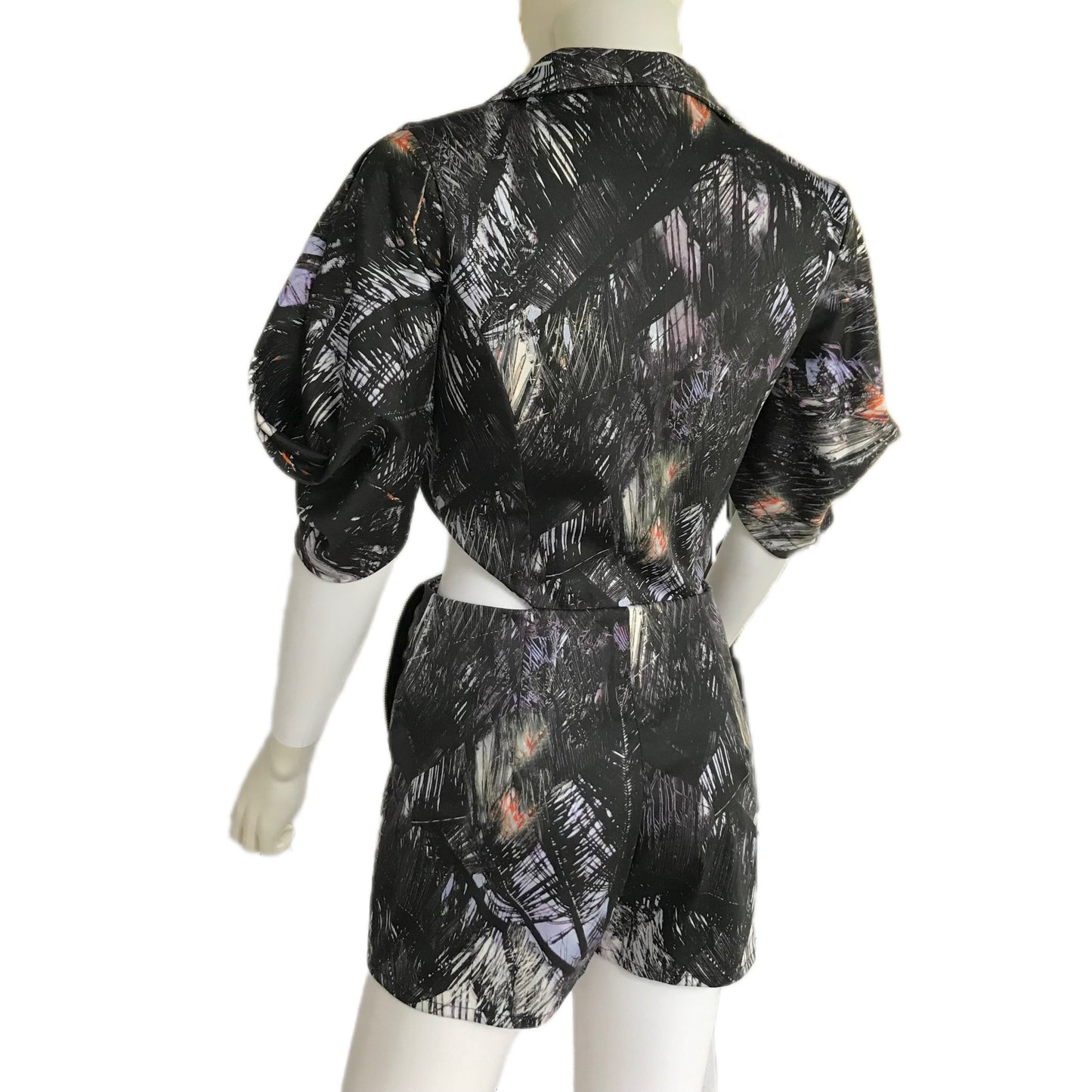 Women's Palm Leaf Print Romper with Drape Sleeves and Cutout Sides - Size Small Petite