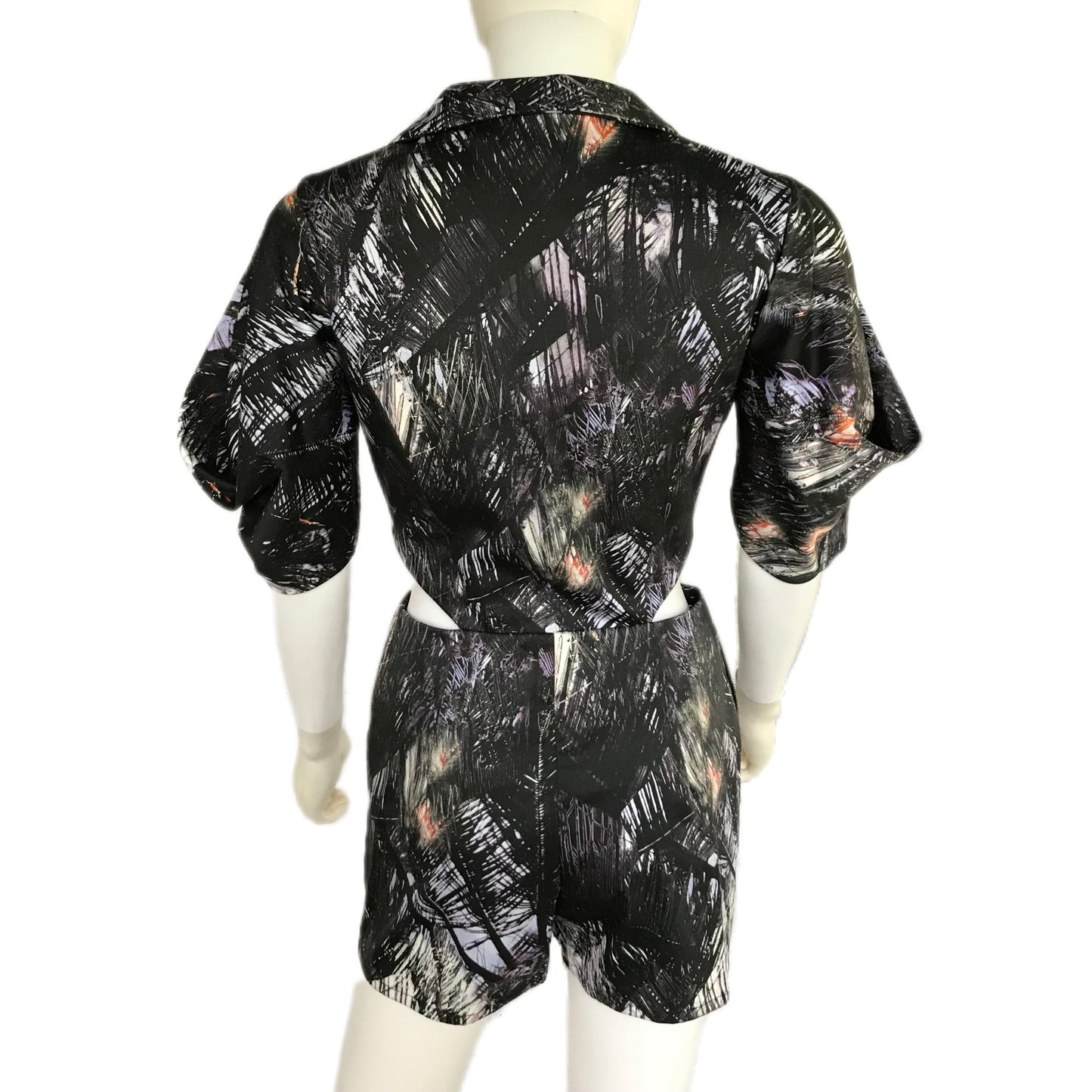 Women's Palm Leaf Print Romper with Drape Sleeves and Cutout Sides - Size Small Petite