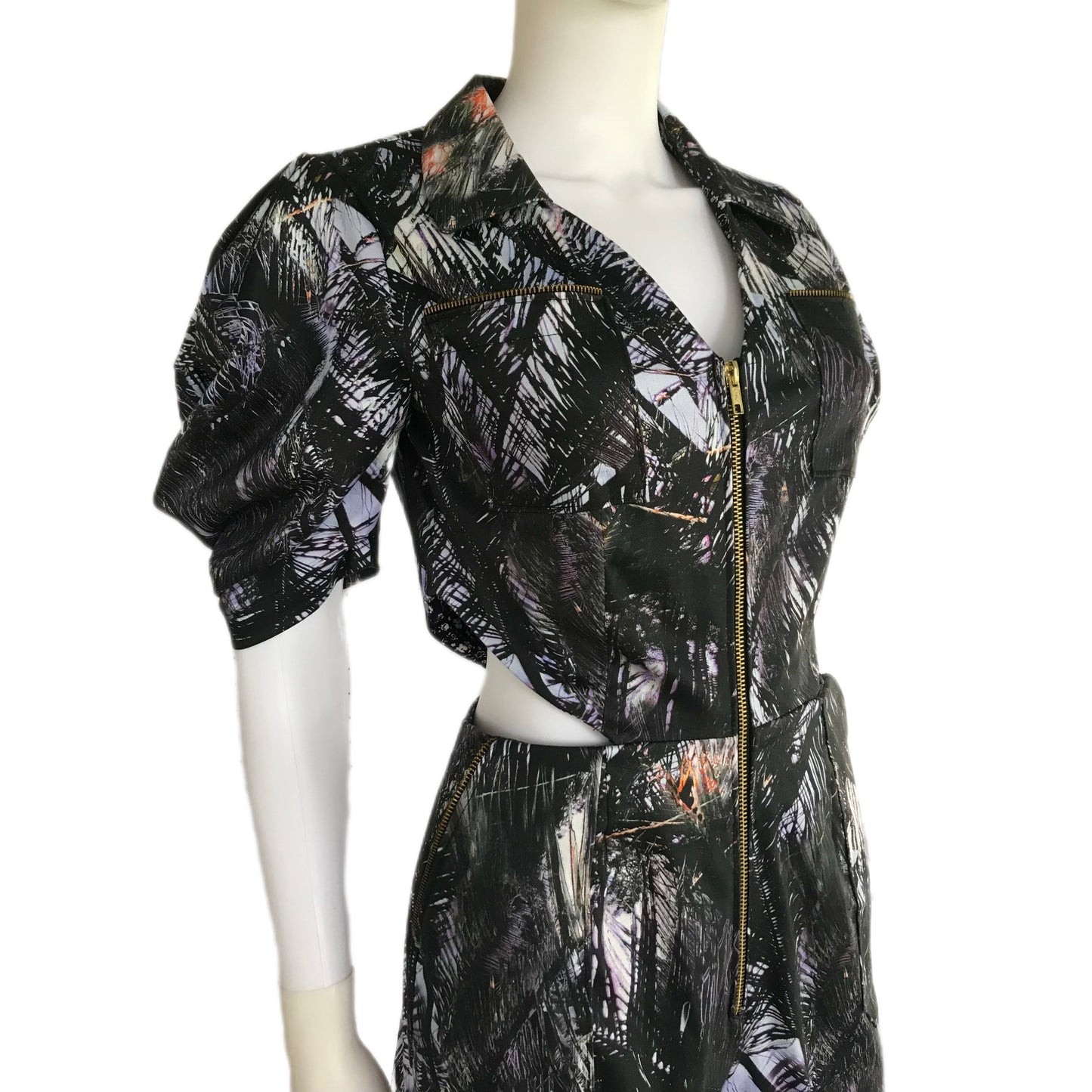 Women's Palm Leaf Print Romper with Drape Sleeves and Cutout Sides - Size Small Petite