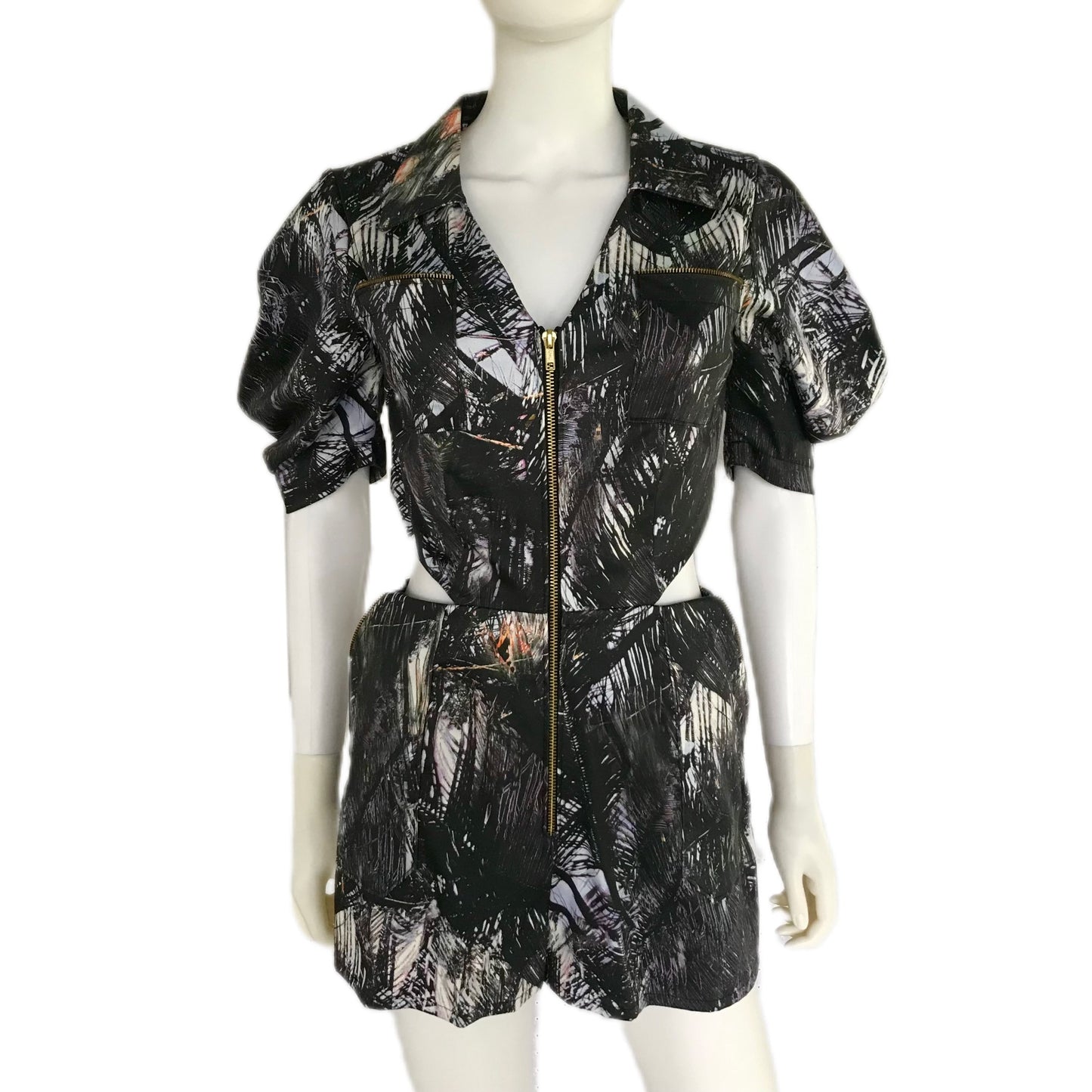 Women's Palm Leaf Print Romper with Drape Sleeves and Cutout Sides - Size Small Petite