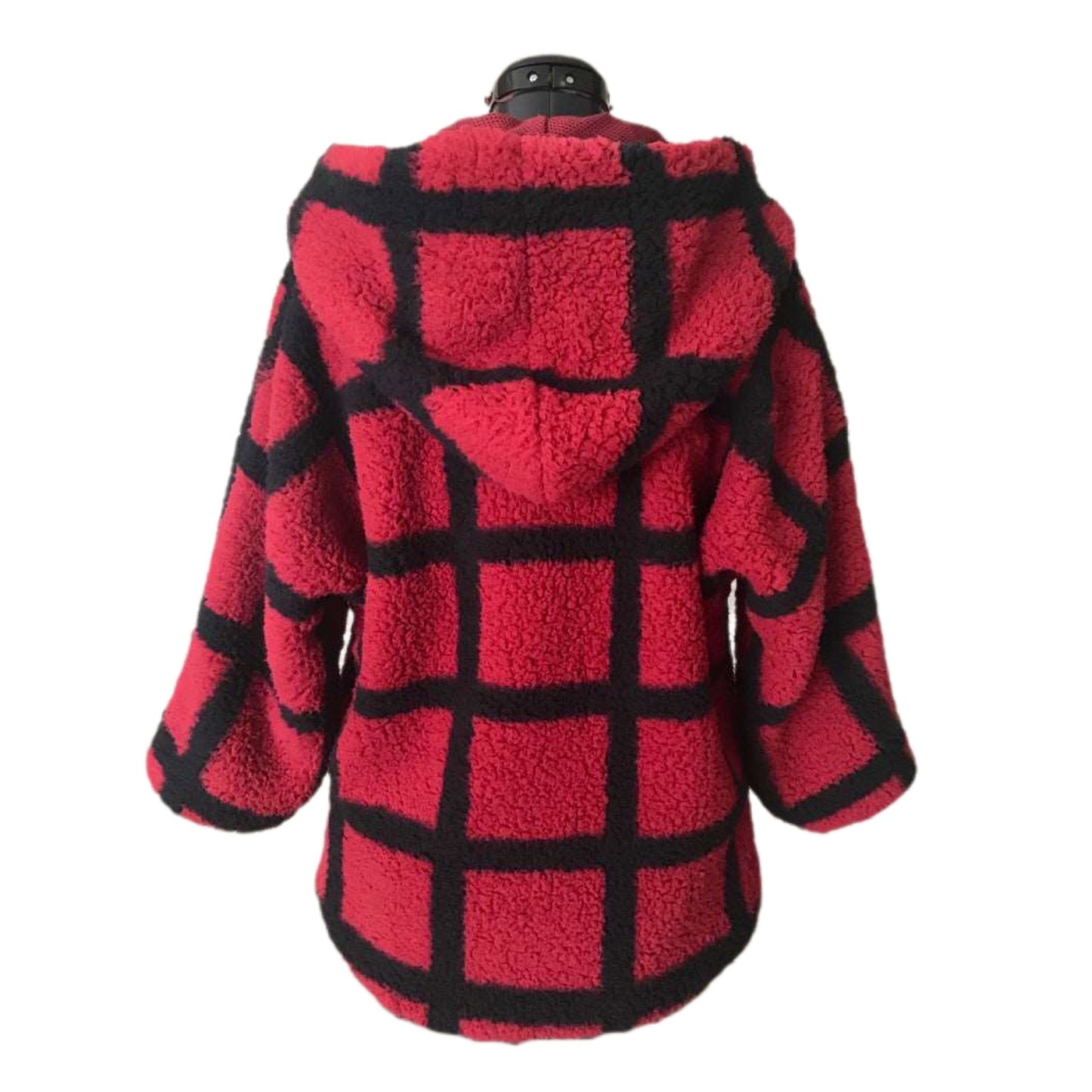 Wubby Fleece Women's Open Front Hooded Jacket with 3/4 Sleeve - 2 Color Options - Window Pane Checker Plaid Woodland