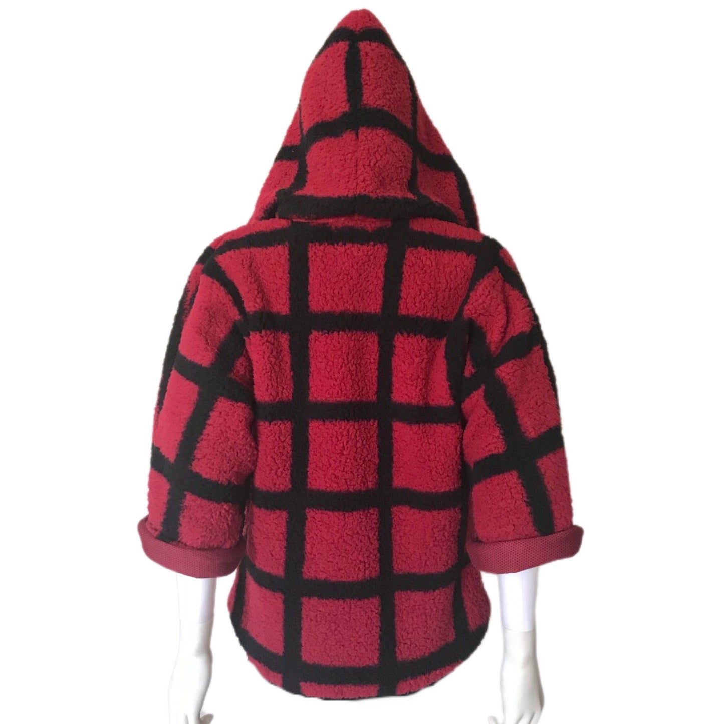 Wubby Fleece Women's Open Front Hooded Jacket with 3/4 Sleeve - 2 Color Options - Window Pane Checker Plaid Woodland
