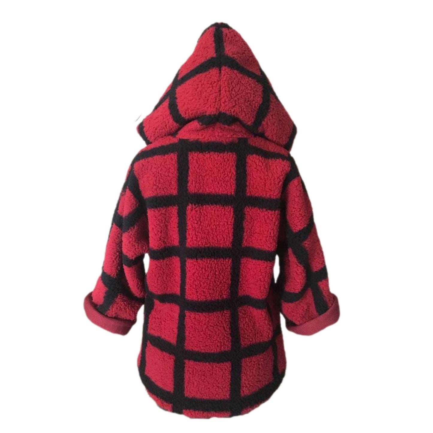 Wubby Fleece Women's Open Front Hooded Jacket with 3/4 Sleeve - 2 Color Options - Window Pane Checker Plaid Woodland