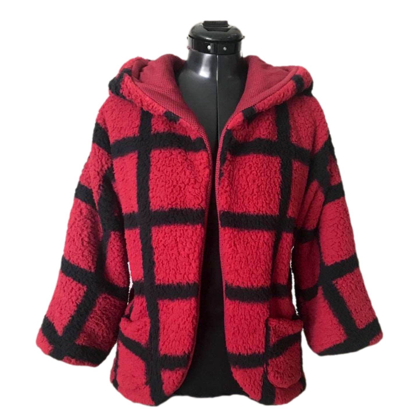 Wubby Fleece Women's Open Front Hooded Jacket with 3/4 Sleeve - 2 Color Options - Window Pane Checker Plaid Woodland