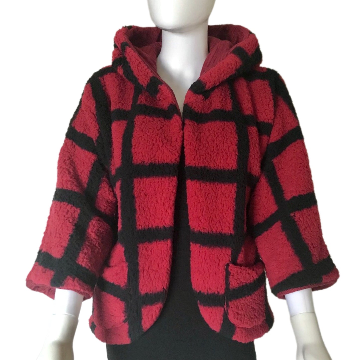 Wubby Fleece Women's Open Front Hooded Jacket with 3/4 Sleeve - 2 Color Options - Window Pane Checker Plaid Woodland