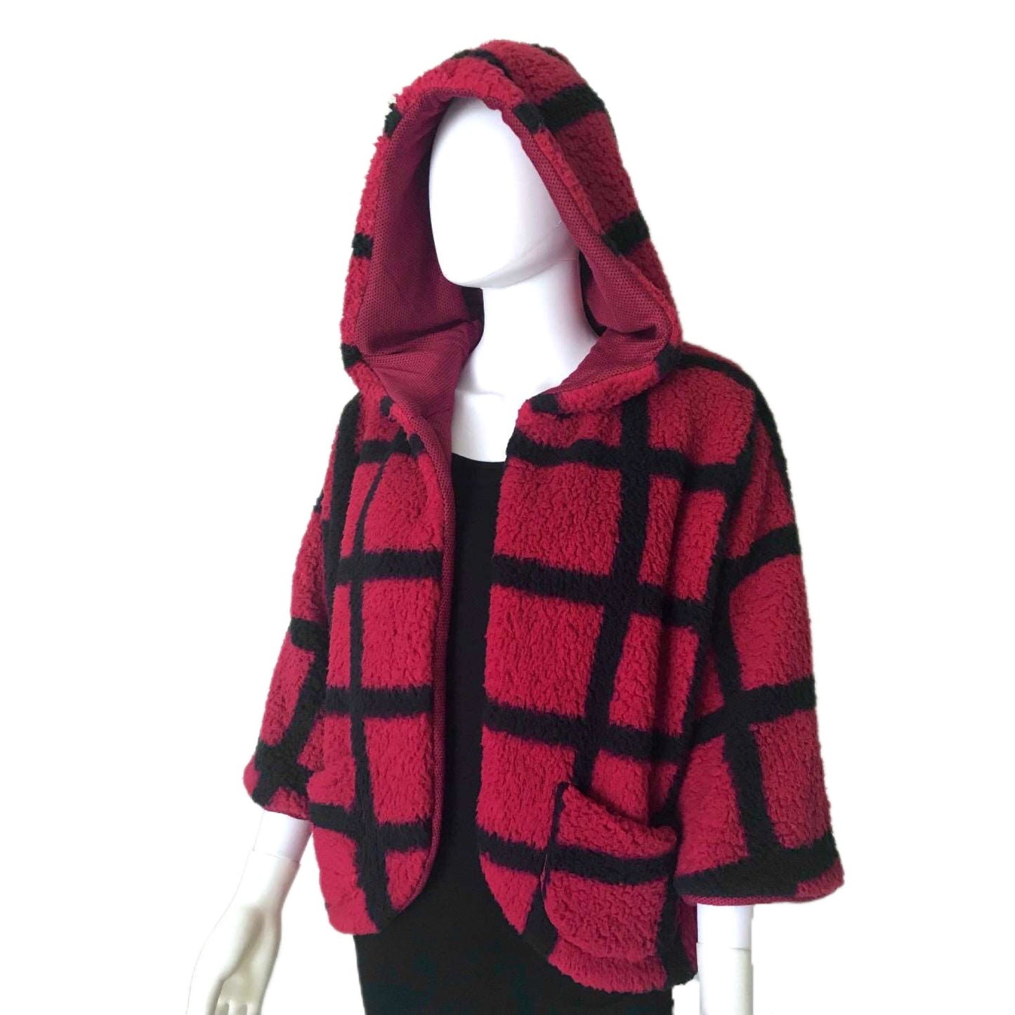 Wubby Fleece Women's Open Front Hooded Jacket with 3/4 Sleeve - 2 Color Options - Window Pane Checker Plaid Woodland