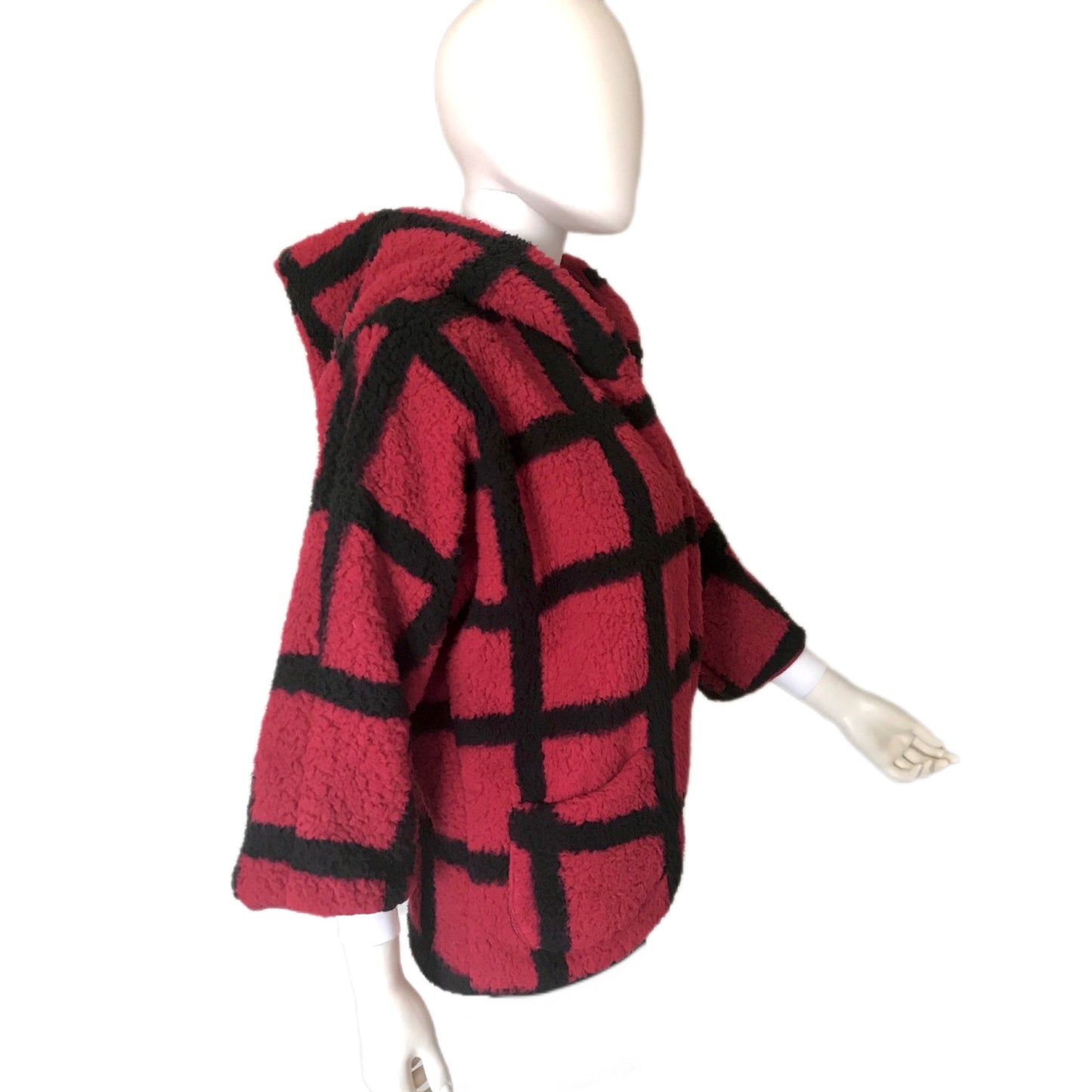 Wubby Fleece Women's Open Front Hooded Jacket with 3/4 Sleeve - 2 Color Options - Window Pane Checker Plaid Woodland