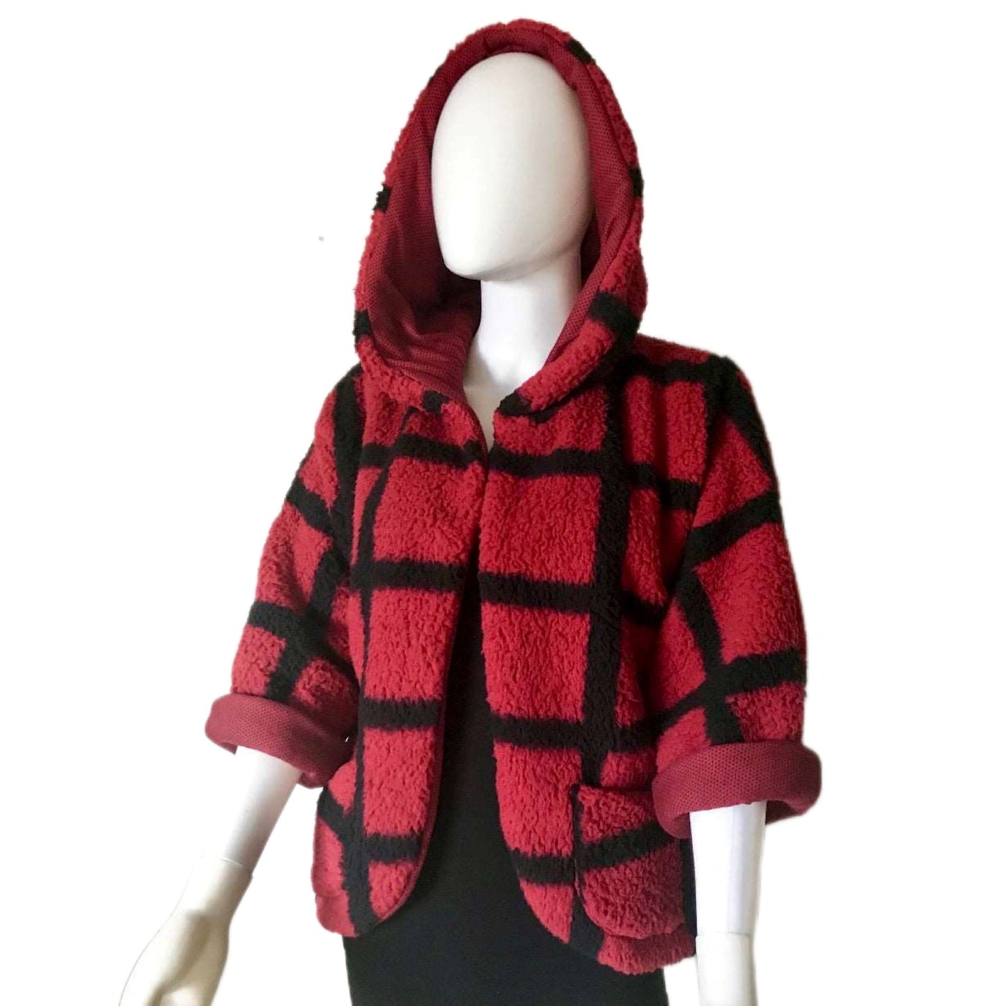 Wubby Fleece Women's Open Front Hooded Jacket with 3/4 Sleeve - 2 Color Options - Window Pane Checker Plaid Woodland