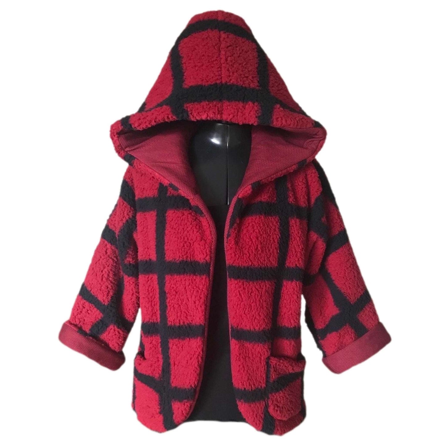 Wubby Fleece Women's Open Front Hooded Jacket with 3/4 Sleeve - 2 Color Options - Window Pane Checker Plaid Woodland