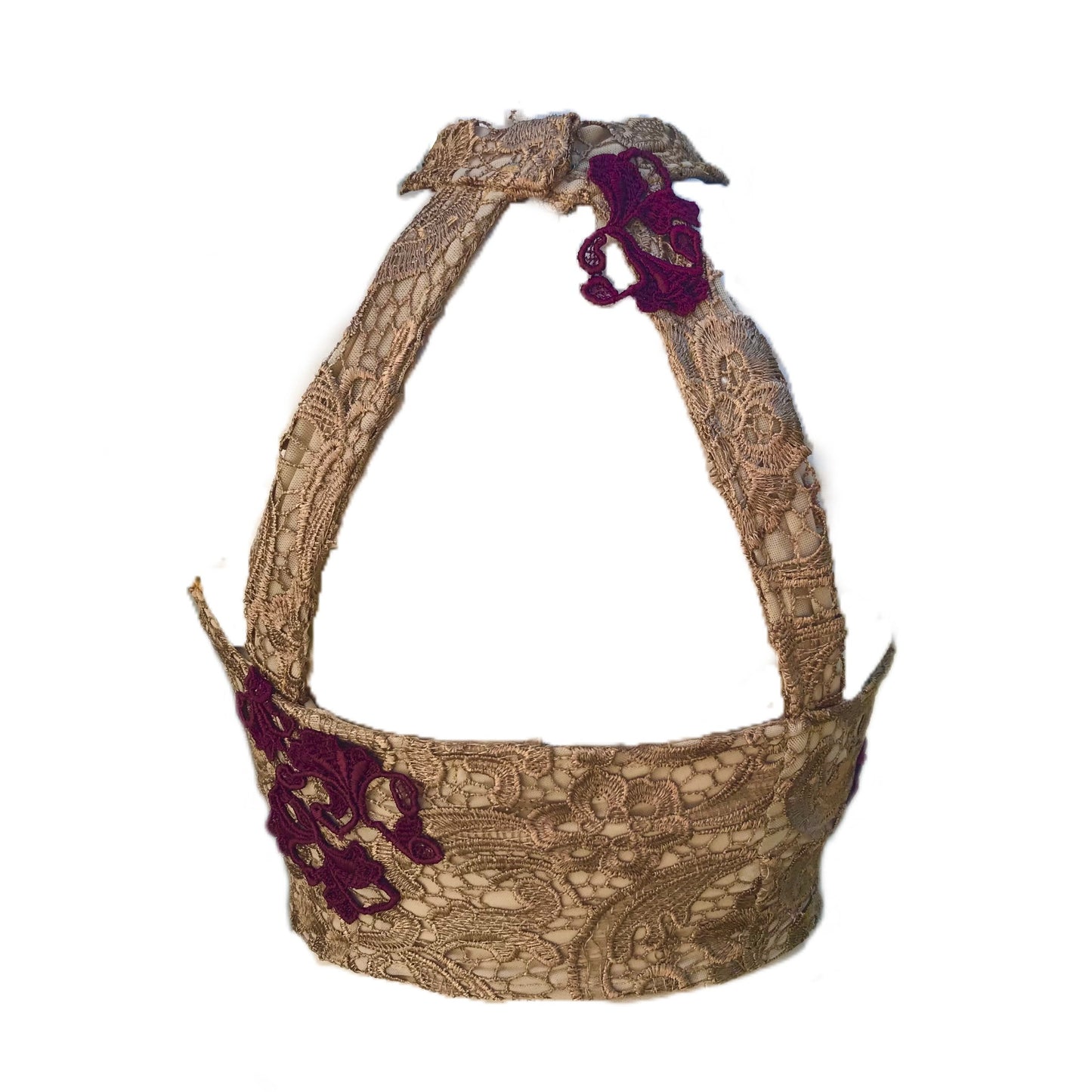 Guipure Lace Bralette Cropped Top in Gold and Wine - Size 33D