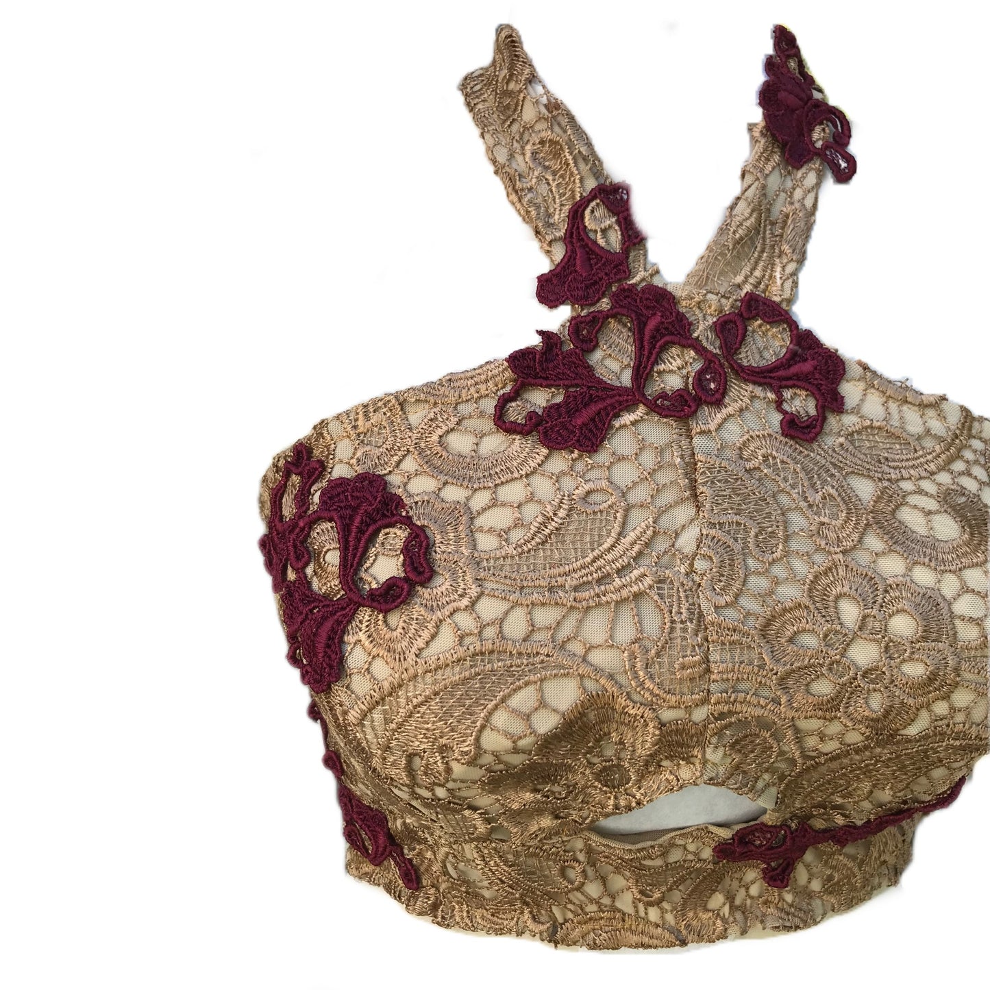 Guipure Lace Bralette Cropped Top in Gold and Wine - Size 33D