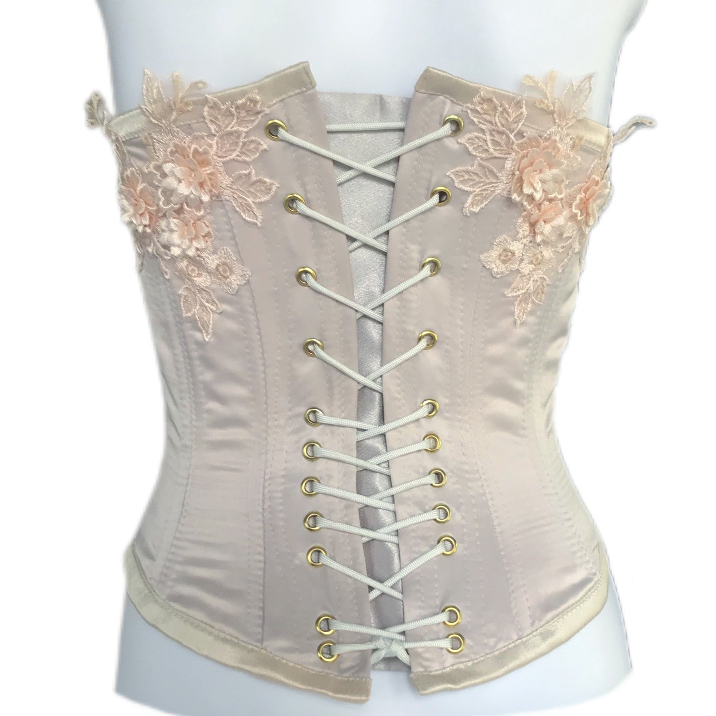 Satin and Lace Women's Corset - Ivory and Peach - Size Xs/Sm