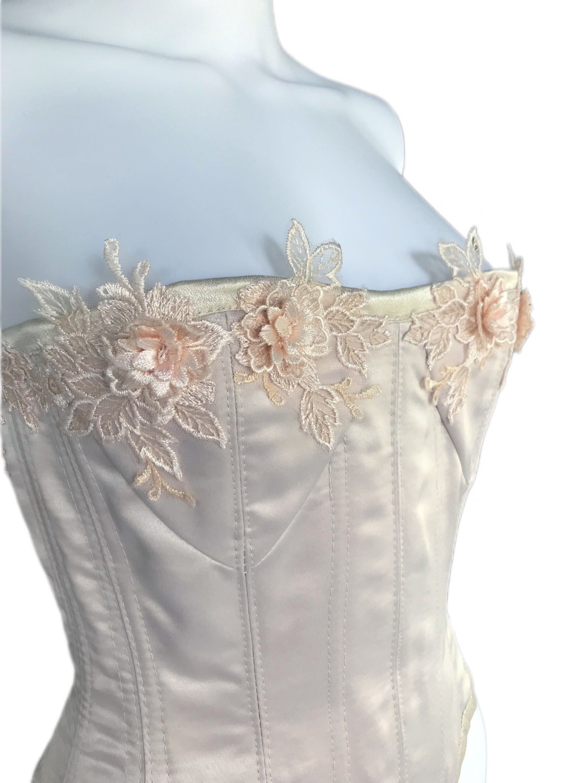 Satin and Lace Women's Corset - Ivory and Peach - Size Xs/Sm