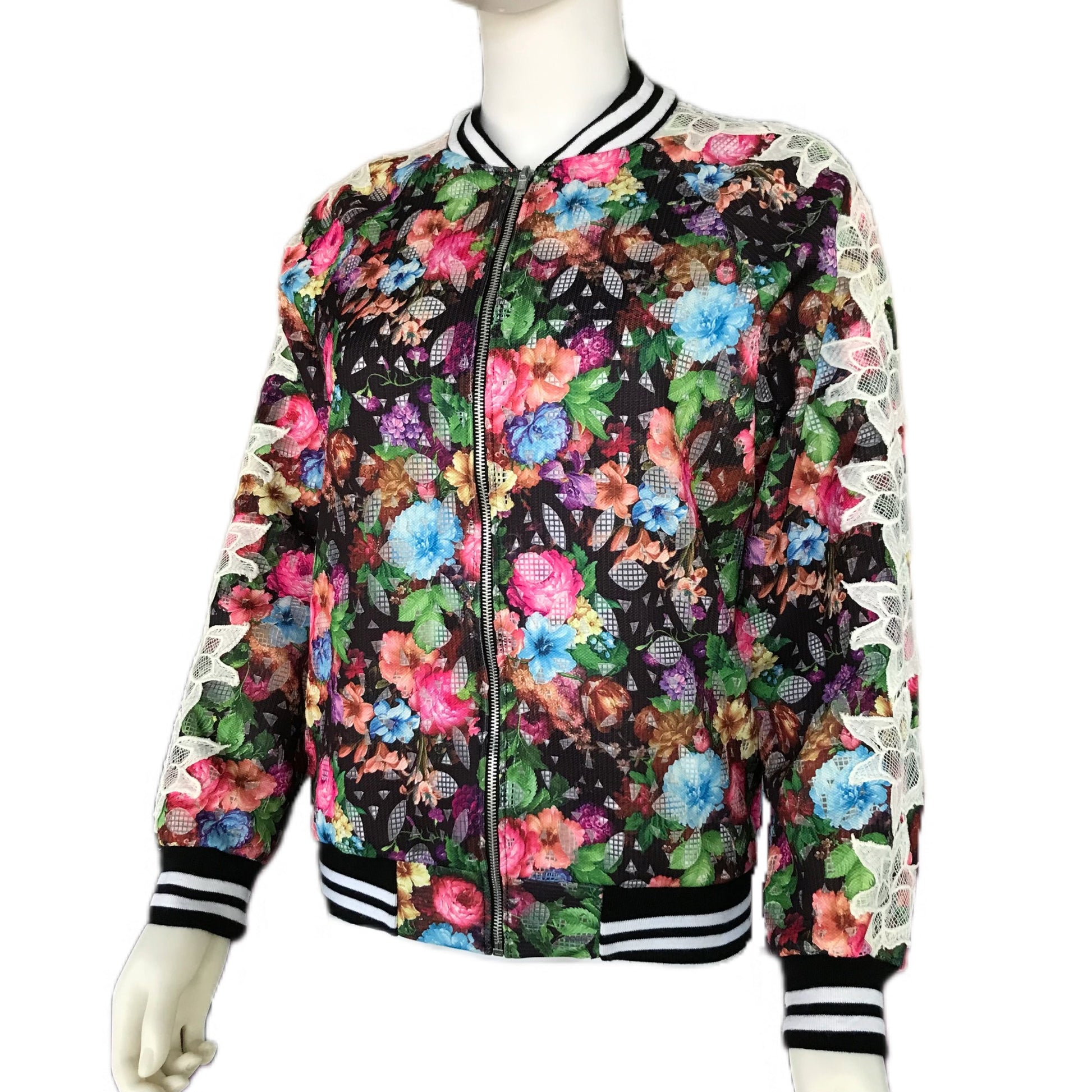 Women's Laser-cut Floral Lace Bomber Jacket - Petite Sizing