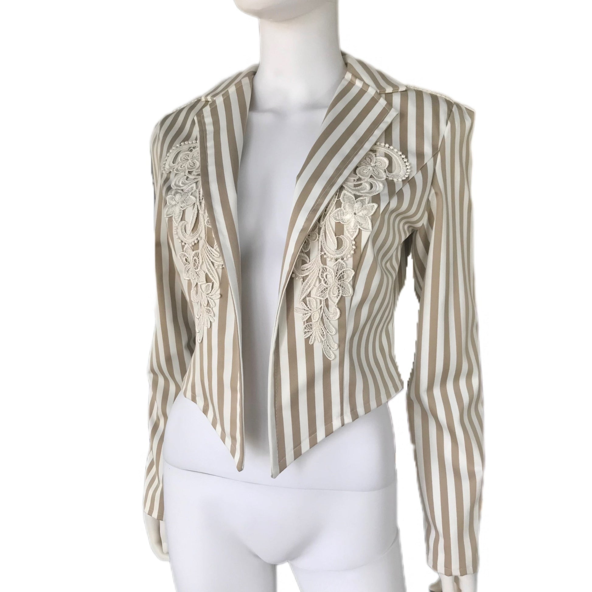 Bengal Stripe Women's Open Front Cropped Blazer with Lace Detail- Size Small - Pinstripe
