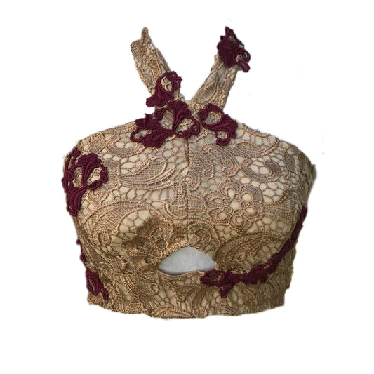 Guipure Lace Bralette Cropped Top in Gold and Wine - Size 33D