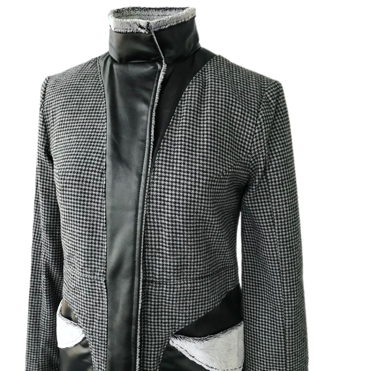 Houndstooth Women's Coat - Vegan Leather and Fur - Size Small