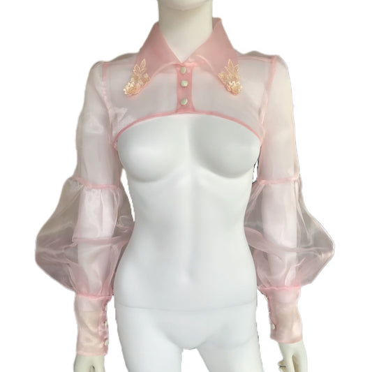Cotton Candy Pink Organza Women's Cropped Collar Shirt - Size Small