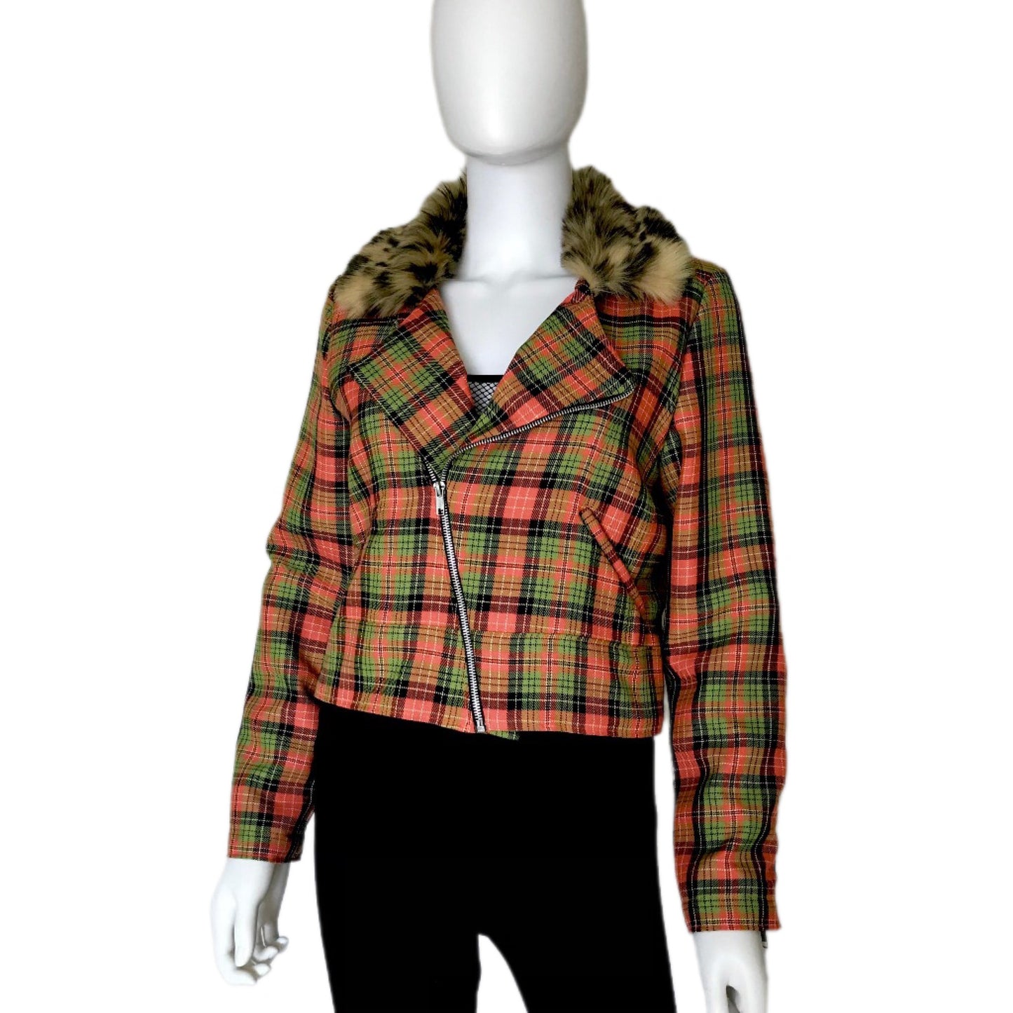 Plaid Women's Moto Jacket with Fur Collar - Size Small