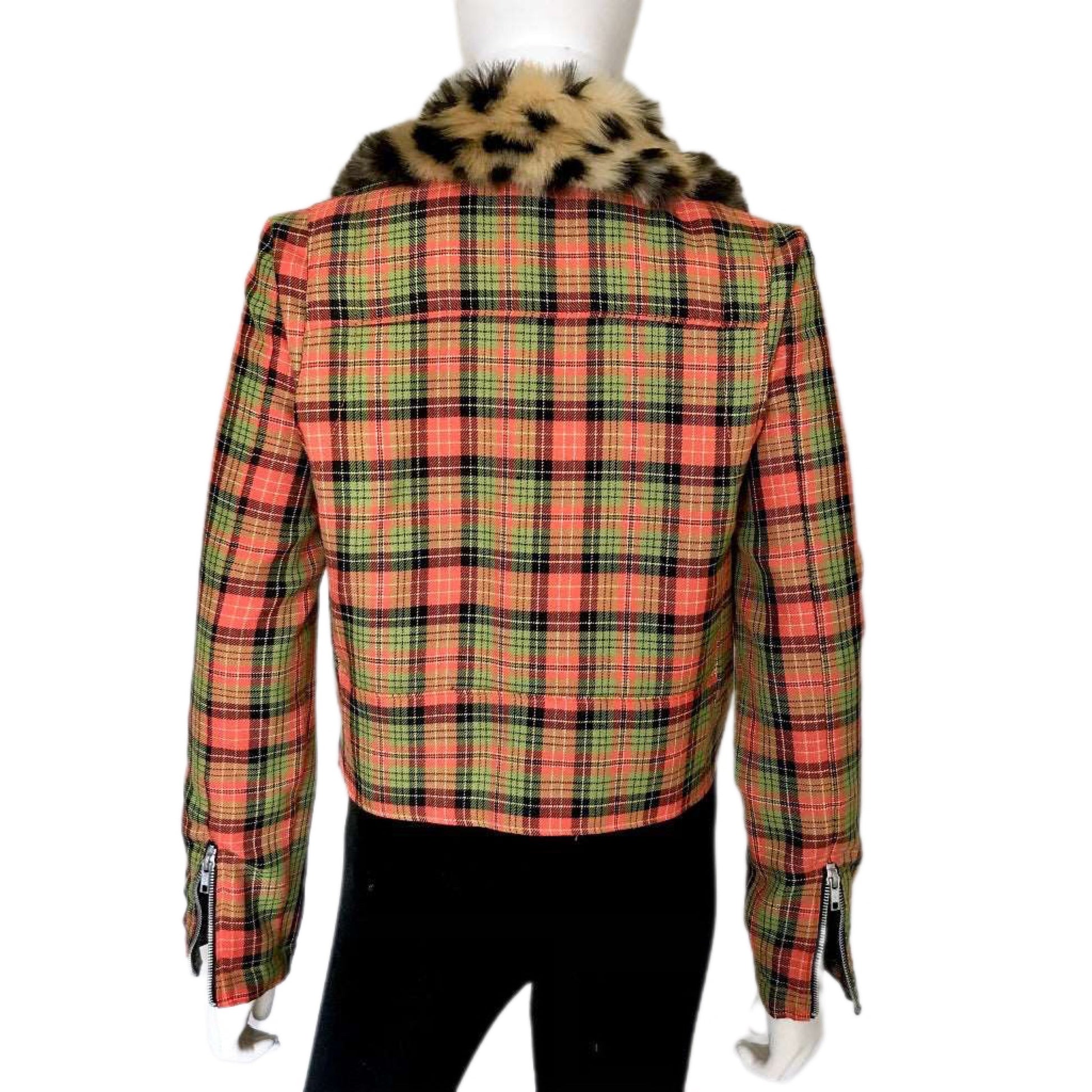 Plaid Women's Moto Jacket with Fur Collar - Size Small