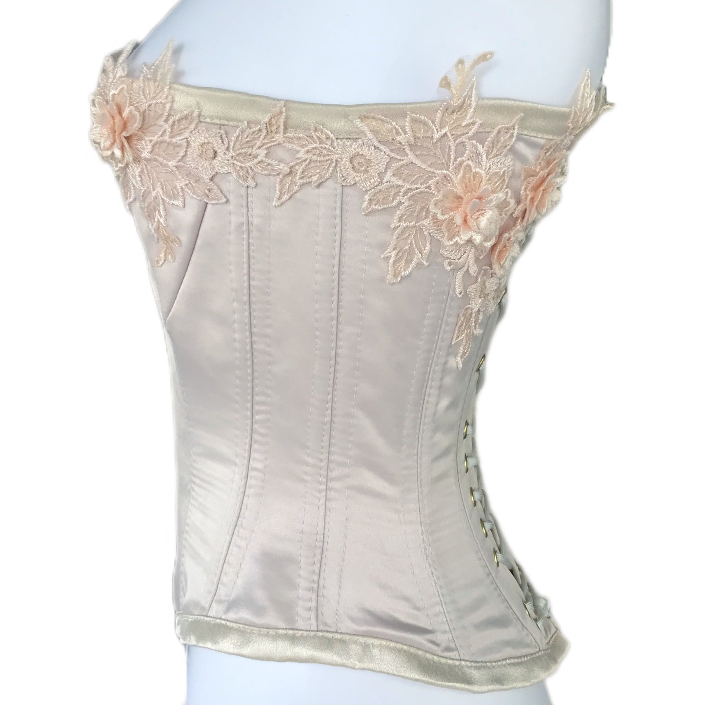 Satin and Lace Women's Corset - Ivory and Peach - Size Xs/Sm